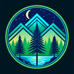 logo, Coniferous forest divided by a river, surrounded by mountains, drawn with neon lines of birch and green colors