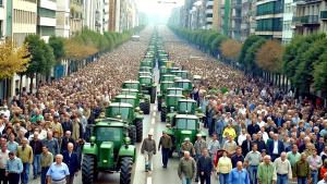 Farmers strike in city. People on strike protesting protests against tax increases, abolition of benefits by standing next to tractors on big city street from Spain