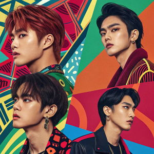 WAYV members in a vibrant, layered collage. Various close-up and partial views. Rich in abstract designs with bold colors. Mosaic style blending photos and graphics.