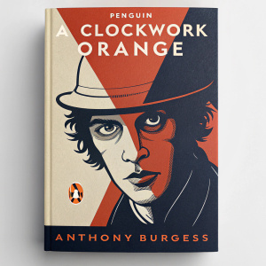 Book cover design for 'A Clockwork Orange' by Anthony Burgess. Stylized split-face with Penguin logo. Dark and light contrasts.