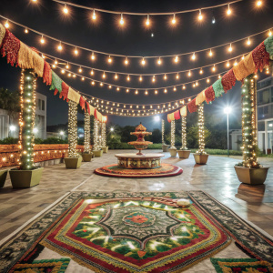 Background image layer of night view of garba navratri celebration with minimal installation 