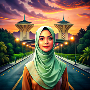 Bayangkan anda gadis melayu bertudung berada dihadapan plaza tol diambil gambar dengan x0.5 sambil mengangkat tangan.