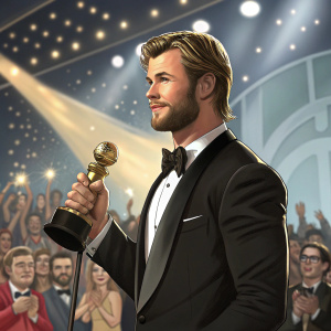 Chris Hemsworth, dressed impeccably in a black tuxedo, accepts an award on the Golden Globe stage. Spotlight illuminates his face, enhancing his chiseled features and stubble. The audience applauds enthusiastically.
