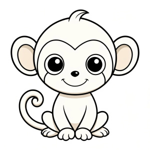 cute monkey, coloring book page, simple and clean line art, chilren drawing book, black and white, crisp black lines, sharp lines, simple coloring page for kids, cartoon style