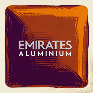 Modern logo design for Emirates Aluminium. Bold red square, sleek gray font, centered on clean white background.