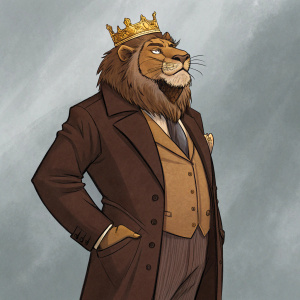 Digital artwork of King Jaffe Joffer from Zamunda. Lion-like features, royal brown suit. Gray backdrop