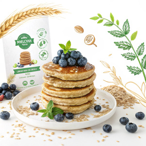 Packaging design for Orgain Protein Pancake Waffle Mix. Features a stack of pancakes with blueberries. White background with green and brown accents. Plant-based protein, whole wheat, and oats.