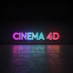 Promotional graphic for Cinema 4D software. Neon colors, modern font, dark background, text reads 'Cinema 4D'.