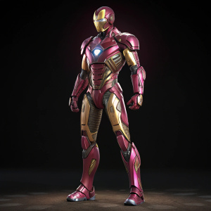 Tony Stark's Iron Man suit, pink and gold highlights, detailed design. Standing confidently against black backdrop. High-tech joints and panels visible.