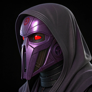 3D digital render of Sith Lord Momin's mask from Star Wars. Purple hue, sleek and angular design, glowing red eye. Close-fitting, worn by character. Rendered against a black background.