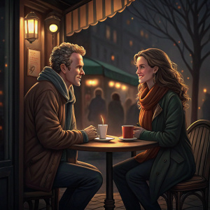 Tate Donovan and Corrine Donovan at a cozy cafe. Warm lighting, casual attire. Background is a dimly lit street with blurred figures.