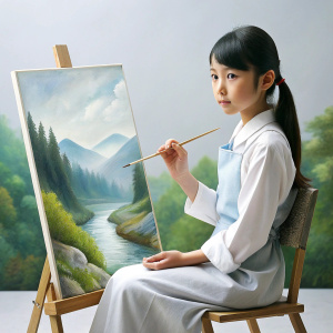 sitting is his chair, a young  lady who looks like kpop idols is holding  a pen to paint a beautiful river on a canvas.