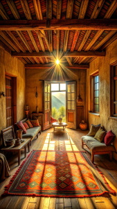 interior view of an authentic but peaceful house, poverty, happiness, sunshine