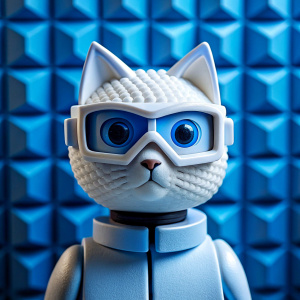 
anime cat, left profile, block background, a ninja, centered, highly detailed, 3D, blue and white colors, sweet, cyber glasses, trader helmet, crypto