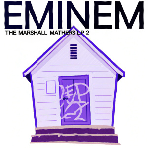 Album artwork for Eminem's 'The Marshall Mathers LP 2', featuring a rundown house with a door covered in scribbled graffiti. Advisory label for explicit content. The image is in monochrome with an aged, distressed appearance.