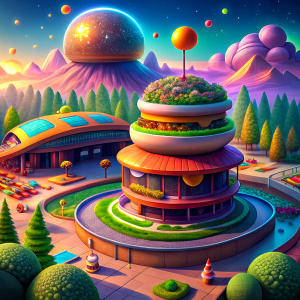 a school in the shape of a burger, on its territory there is a children's playground with a swimming pool, a beautiful sunset, a beautiful garden, fireworks and fireworks, everything is decorated and vacation is coming, they feed the children delicious burgers