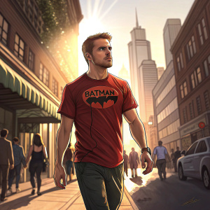 Stephen Amell wearing a red t-shirt with Batman logo, walking on a sunny street.