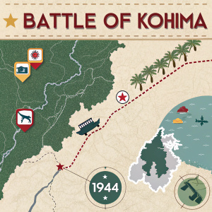 Interactive map infographic detailing the Battle of Kohima in 1944. Featuring key locations and events. Used for educational purposes.