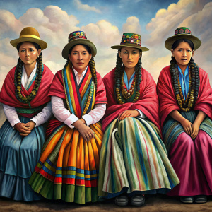 cuatro mujeres bolivianas andinas, cholas, con pelo trenzado negro unido en trenzas, con vestimenta tipica de bolivia aguayos,  sentadas 