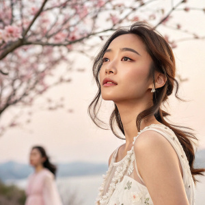 Artistic photoshoot featuring Asian actresses. Soft pastel backgrounds. Subtle expressions. Natural lighting.