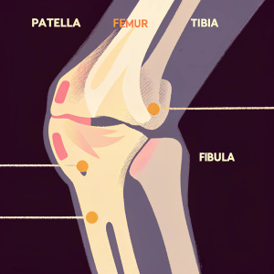 Detailed 3D digital illustration of knee anatomy. Components labeled: patella, femur, tibia, fibula. Educational model.