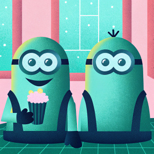 Promotional image for Kinepolis Belgium's Crazy Coconut Popcorn. Minions from Despicable Me are featured in a fun and interactive social media post.