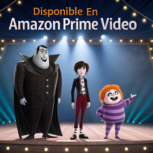 Animation of Hotel Transylvania characters standing on a brightly lit stage. Promotional ad for Amazon Prime Video. Text in Spanish