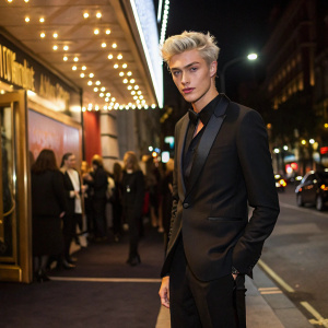 Lucky Blue Smith standing outside a glamorous nightclub, dressed in a sharp black tuxedo and platinum blonde hair. Crowded street background.