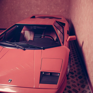 Illustration of a red Lamborghini Diablo. Futuristic design, against dark backdrop. Car's interior and aerodynamic lines visible.