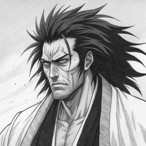 Sketch of Kenpachi Zaraki from Bleach. Intense gaze, disheveled hair, massive muscles. Black and white ink drawing, precise lines, deep shading for a powerful look. Minimalist background