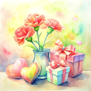 Watercolor, carnation, love, heart, gifts, bows, happiness, white background, , Mother's Day, watercolor celebration of mothers around the world, illustrative background in watercolor,
