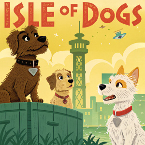 Poster for Isle of Dogs. Vibrant yellow and green color palette, featuring animated dog characters.