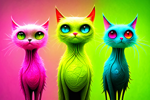 3 stylized cats with elongated bodies and large, expressive eyes, standing in a row. Each cat has a different color and size.
They are artistically represented, with long, thin bodies, and large, round eyes.
One is a larger dark gray with two small gray cats next to it.
Another tall yellow that stands out in the center.
Another smaller orange-red on the right.
Their eyes are disproportionately large compared to their bodies, giving them a cartoonish appearance.
The background is dark and feature