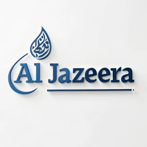 Al Jazeera logo featuring a sleek blue design with white background, displaying both English and Arabic scripts.