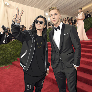 Electronic music duo Skrillex and Diplo at the Met Gala. Skrillex in casual outfit making peace sign. Diplo in sharp suit and confident pose. Red carpet and celebrity attendees visible in background.