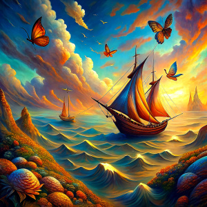 A ship on the sea, butterflies on the ship's sails Salvador Dali tarzında