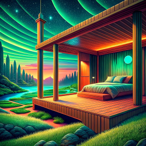 a lush green meadow, a wooden house, its interior, on the right 3 wood brown pillars coming from the ceiling to the floor, a bedroom behind the pillars with a wooden bed and a nightstand on the left of the bed, basement with stairs on the left of the bed

