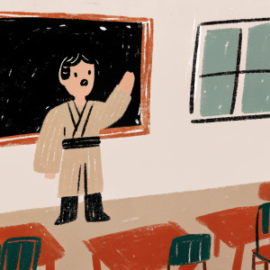 Kanan Jarrus, with a surprised expression, drawing on a blackboard in a classroom setting.