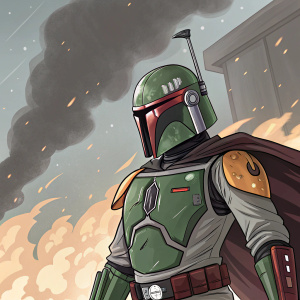 Illustration of a dynamic, anime-style character inspired by Boba Fett. Sharp, angular helmet, slender, anthropomorphic body. Metallic suit with glossy finish. Green and gray colors with red accents. Fiery effect in the background.