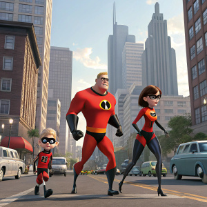 The Incredibles gang, including Mr. Incredible, Elastigirl, Frozone, Violet, and a young family member, animated in a bustling cityscape, surrounded by bold, vibrant colors and exaggerated features.