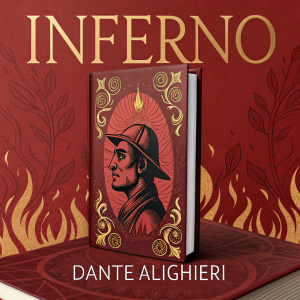 The Book Cover for 'Inferno' by Dante Alighieri. Red background, bold golden text at top, author's name below in smaller font. Graphic design with fiery illustrations inspired by the book's theme.