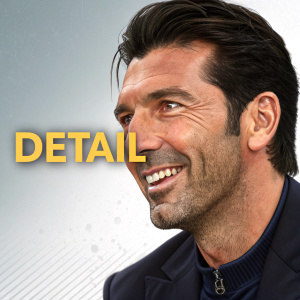 Digital portrait of Gianluigi Buffon with his characteristic smile. Text overlay 'Detail' prominently displayed.