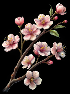 красивые цветы сакуры Yamazakura с пятью лепестками, на веточках on the black background