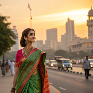 Disha Patani, south asian actress, wearing a traditional saree. Standing in front of a bustling city street at sunset.