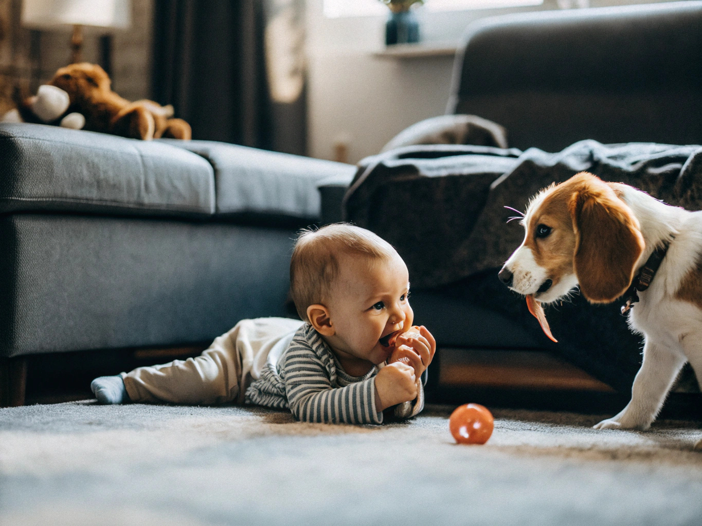 Baby and pet playing on the ground