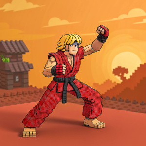 Digital illustration of Ken Masters, iconic character from Street Fighter II, in a dynamic stance. Pixel art style, blocky design, warm orange backdrop. Red outfit, blonde short hair. Voxel art inspired design.
