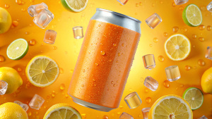 Mockup, Drink Mockup on Lemon Background, Soda Can Mockup, 355ml Ordinary Orange Can, Colorful Background with Ice Cubes, Floating