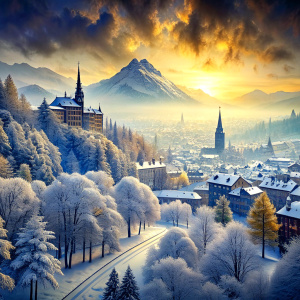 Winter month, beautiful cityscape with snow