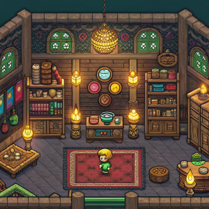 A vibrant pixel-art scene from Link's Awakening. Fantasy-themed room with intricate decorations and numerous objects.