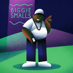 Cartoon illustration of Biggie Smalls. Poses with a confident smirk. Dark background with bold graffiti-style text. Edgy colors, hip-hop vibe.